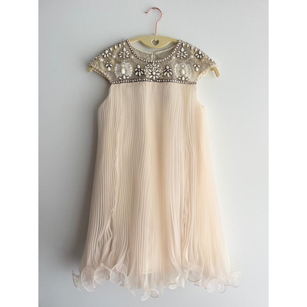 Marchesa Neiman Marcus Target Girls Cream Beaded Pleated Dress Holiday Party L